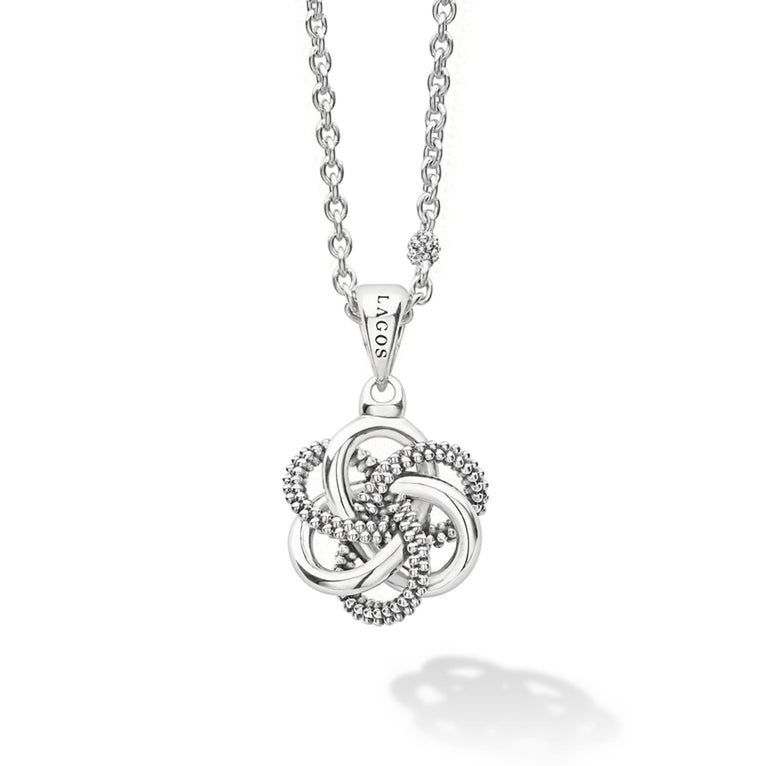Sterling silver love knot pendant necklace.