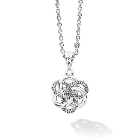 Sterling silver love knot pendant necklace.