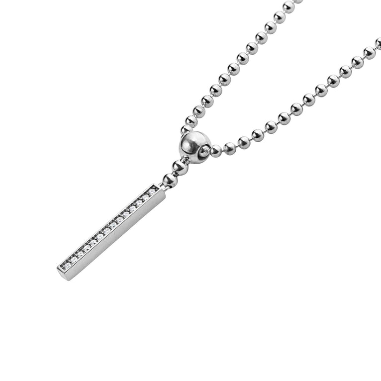 Sterling silver necklace with diamond bar pendant.