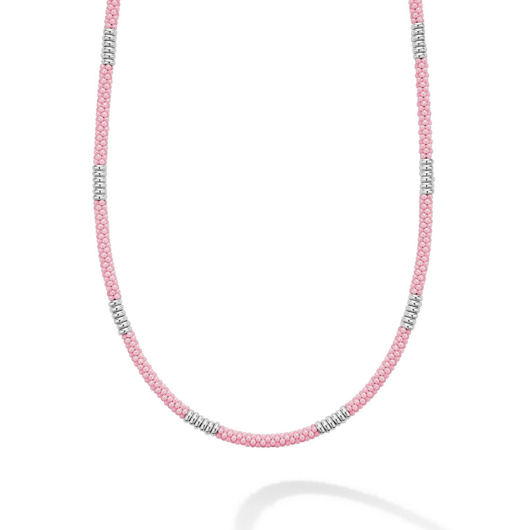 Pink and silver beaded station necklace.