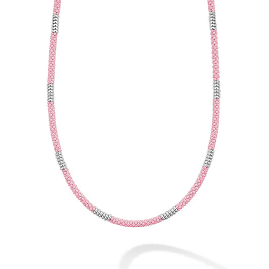Pink and silver beaded station necklace.
