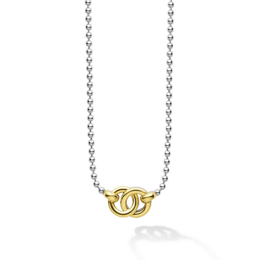 Sterling silver necklace with gold interlocking rings.