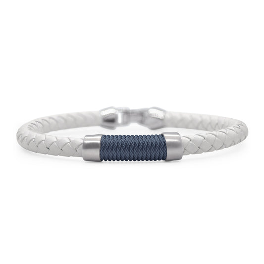 White and blue braided leather bracelet.