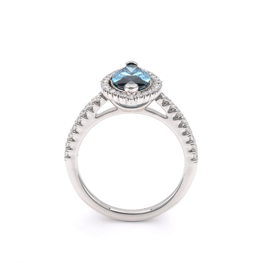 ReMARKable Designs Halo Side Stone Complete Engagement Ring in 14 Karat White Gold with 1.00ctw of Round Lab-Grown Diamond, Color: Blue