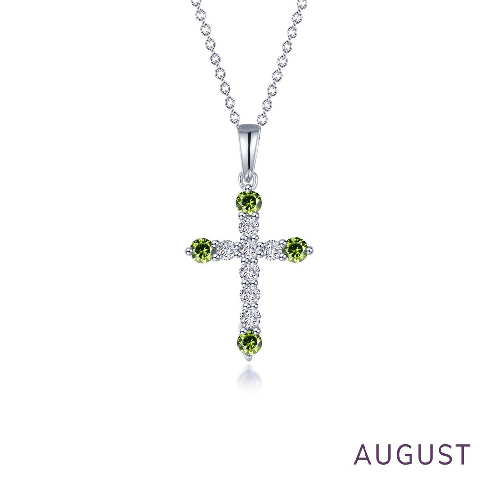 Cross necklace with peridot and diamond accents.