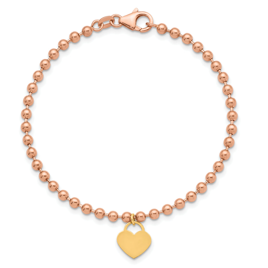 Rose gold beaded bracelet, yellow gold heart.