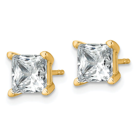 Princess-cut diamond studs, yellow gold setting.