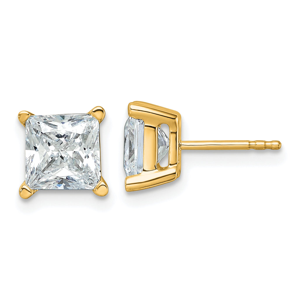 Princess-cut diamond studs, yellow gold setting.