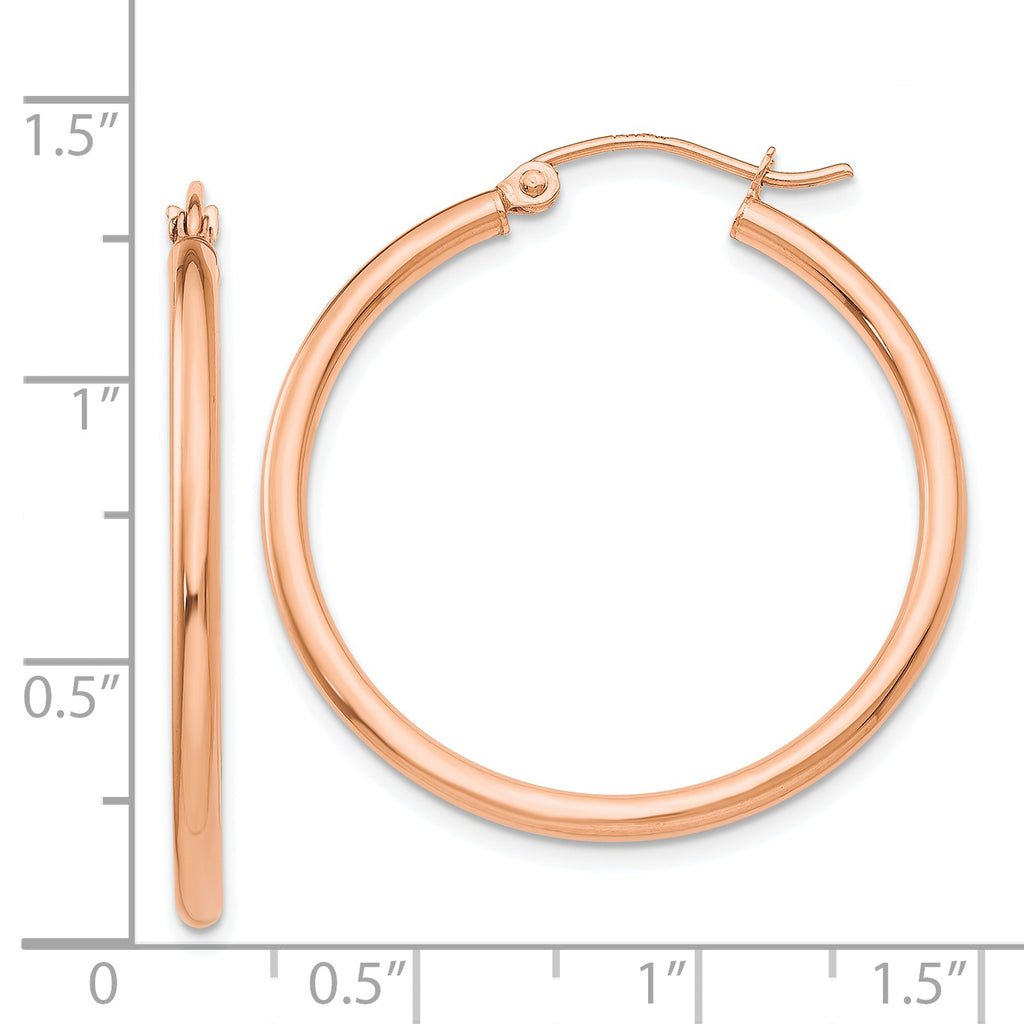 14K rose gold polished medium hoop earrings.