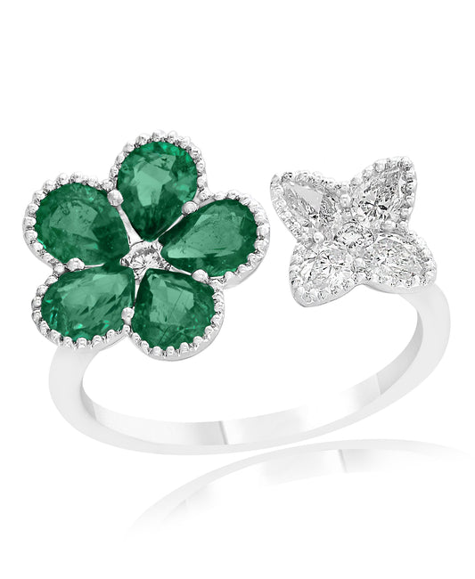 JEWELS BY JACOB Color Gemstone Ring with 5 Pear Emeralds 1.37ctw in 18 Karat White Gold
