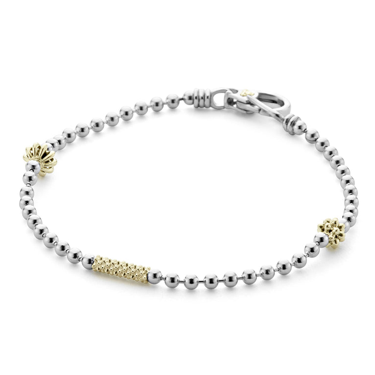 Sterling silver ball chain bracelet, gold accents.