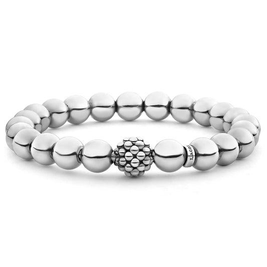 Sterling silver bead bracelet, textured centerpiece.