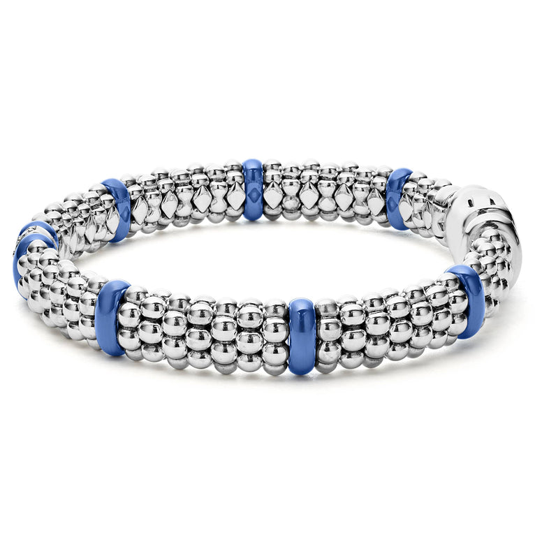Sterling silver bracelet with blue ceramic accents.