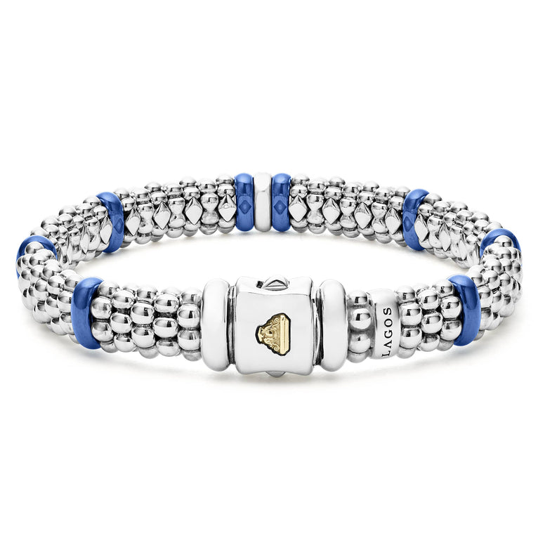 Sterling silver bracelet with blue ceramic accents.