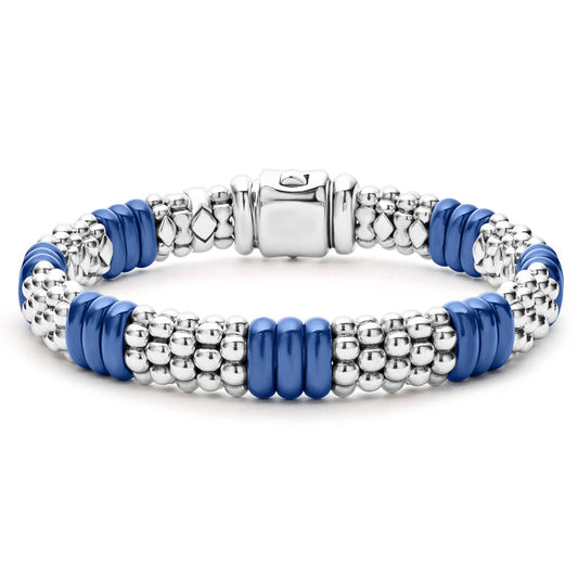 Sterling silver bracelet with blue ceramic accents.