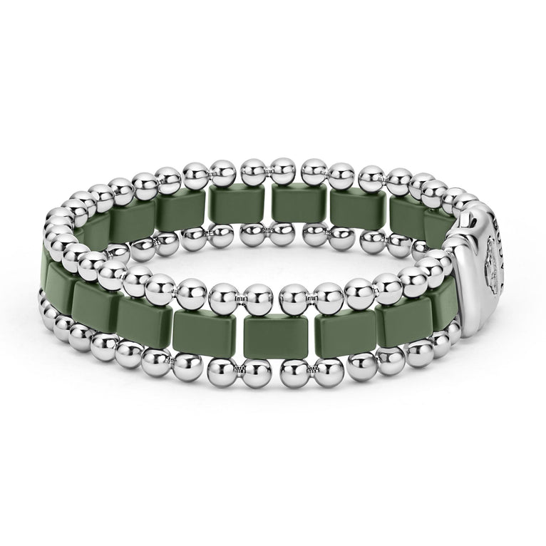 Green ceramic bracelet with silver links.