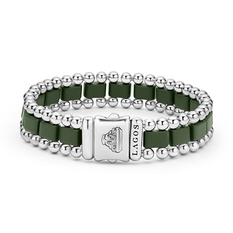Ceramic green bracelet with silver accents.