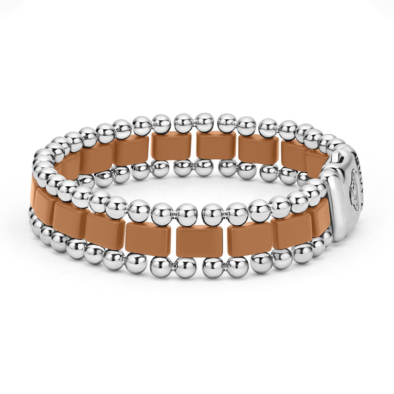 Brown ceramic bracelet with silver links.