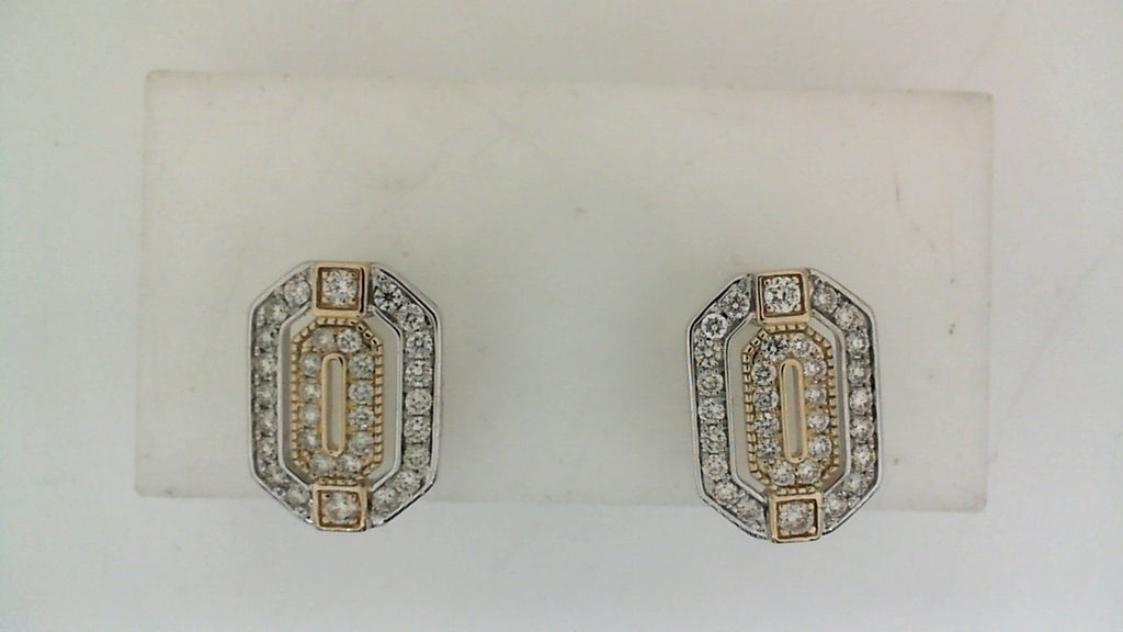 Two-tone diamond stud earrings with geometric design.