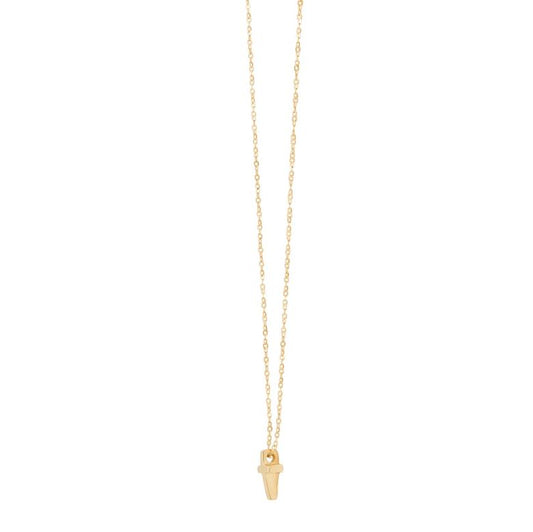 14K yellow gold cross necklace, diamond-cut chain.