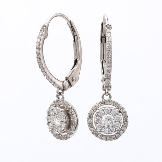14K white gold diamond dangle earrings.
