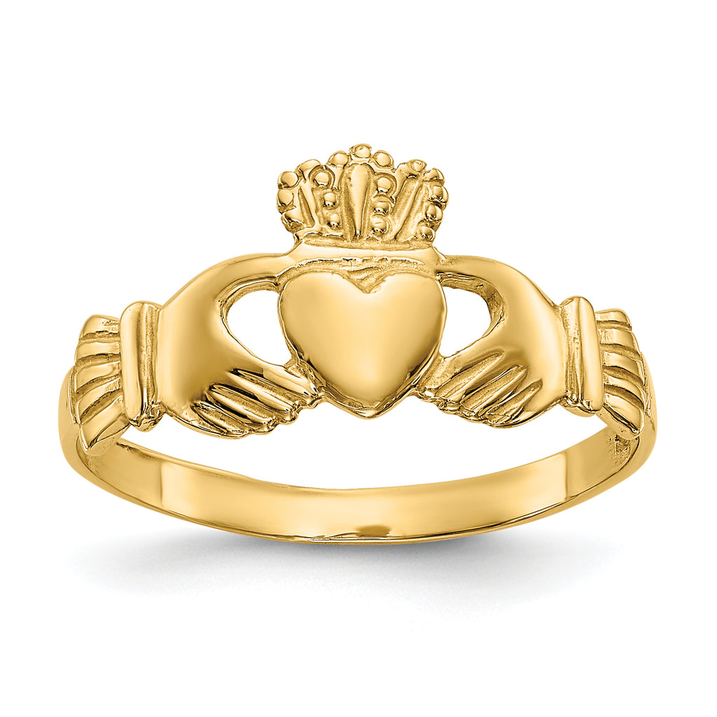 Yellow gold Claddagh ring with heart design.