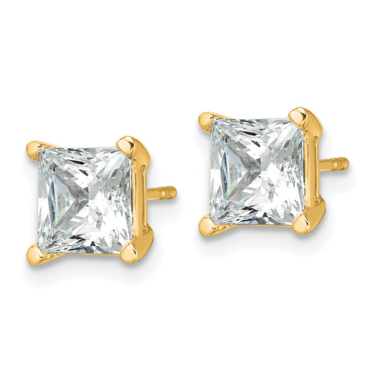 Princess-cut diamond studs, yellow gold setting.