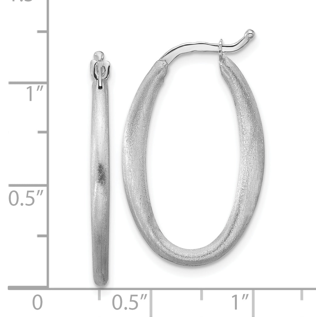 Brushed sterling silver oval hoop earrings.