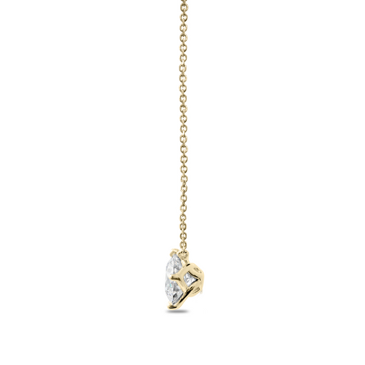 Yellow gold necklace with round diamond pendant.
