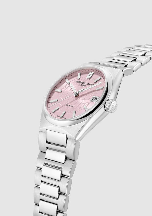 Stainless steel watch with pink dial.