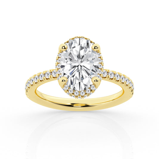 Halo Lab-Grown Diamond Complete Engagement Ring in 14 Karat Yellow with 1 Oval Lab Grown Diamond, Color: F, Clarity: VS1, totaling 2.51ctw