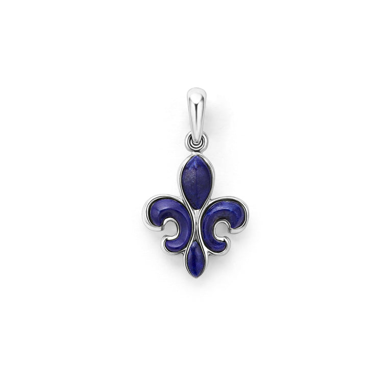 Sterling silver fleur-de-lis, blue enamel.
