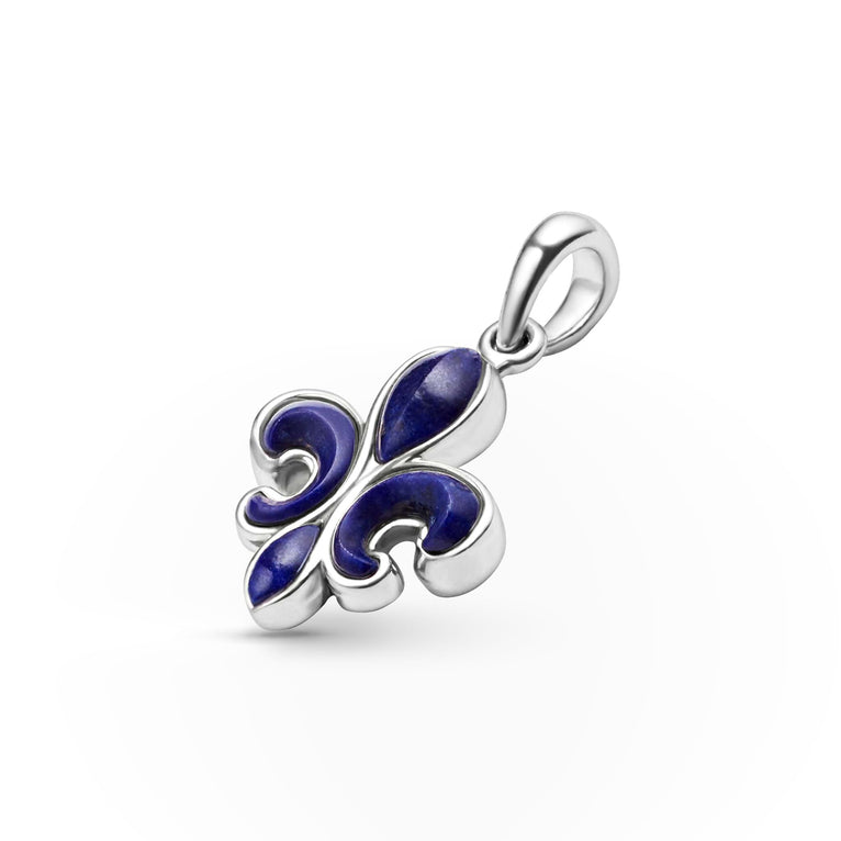 Sterling silver fleur-de-lis pendant, blue enamel.