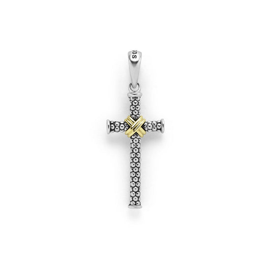 Sterling silver cross with gold accent.
