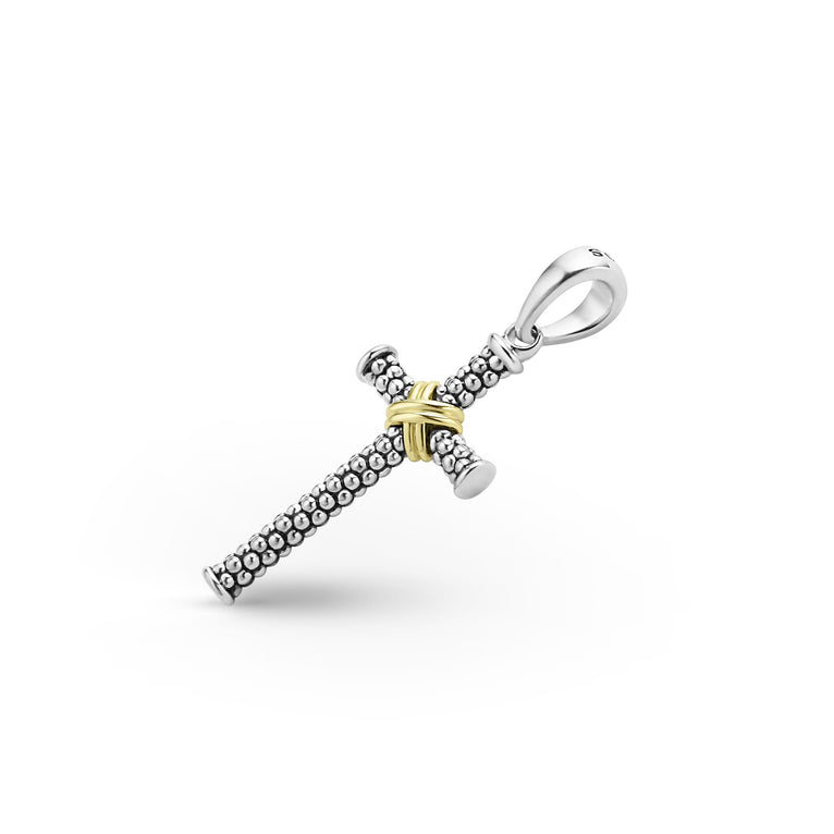Sterling silver cross with gold accent.