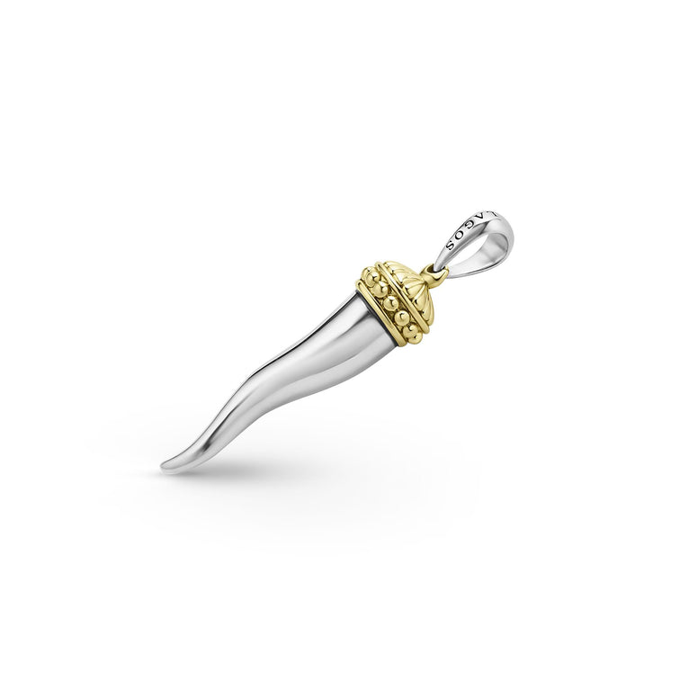 Sterling silver horn pendant with gold accents.
