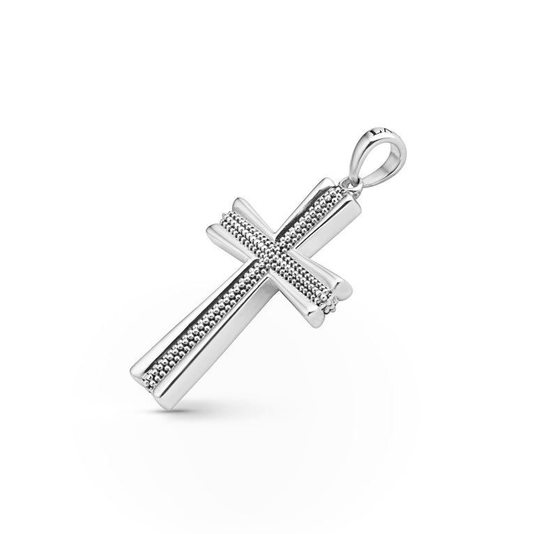 Sterling silver cross pendant with beaded texture.