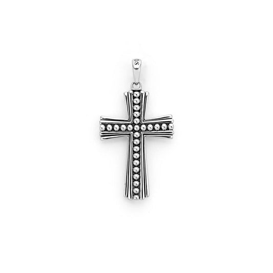 Sterling silver cross with beaded detailing.