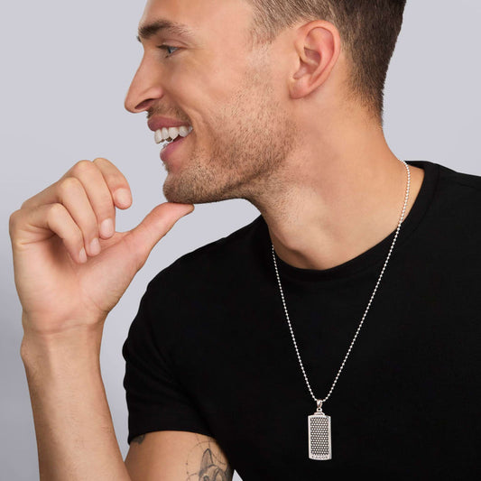 Sterling silver pendant necklace on model.