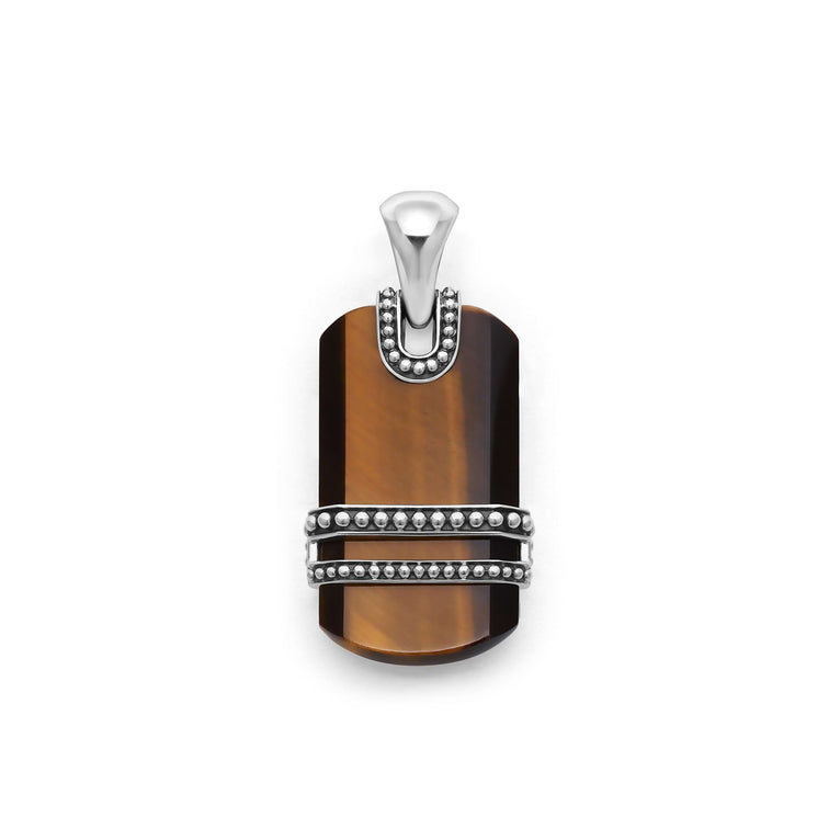 Rectangular tiger eye pendant, sterling silver accents.