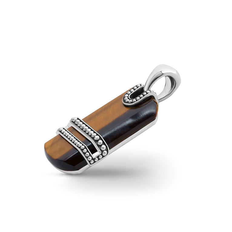 Rectangular tiger eye pendant, sterling silver accents.