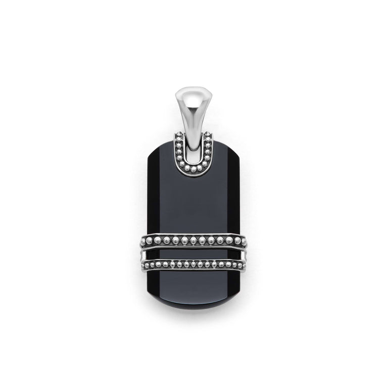 Rectangular black agate pendant with silver accents.