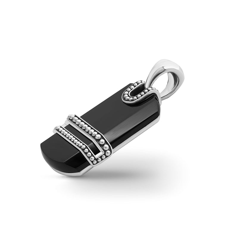 Rectangular black agate pendant, sterling silver.