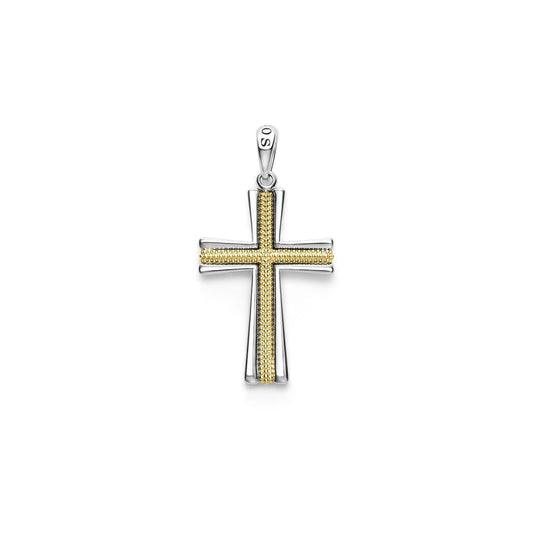 Sterling silver cross with two-tone finish.