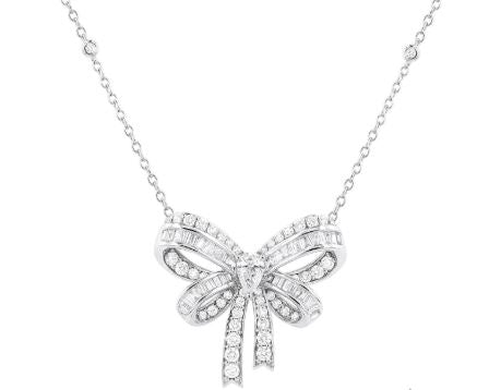 Bow-shaped diamond necklace in white gold.