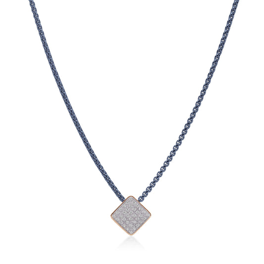 Blue diamond necklace with rose gold accents.