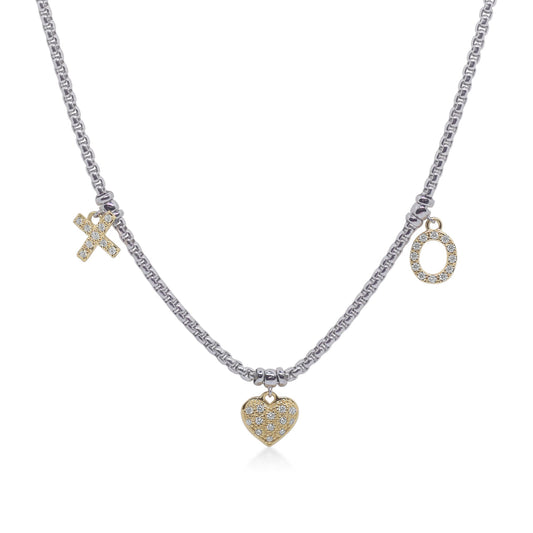 Diamond heart, X, O charms necklace.