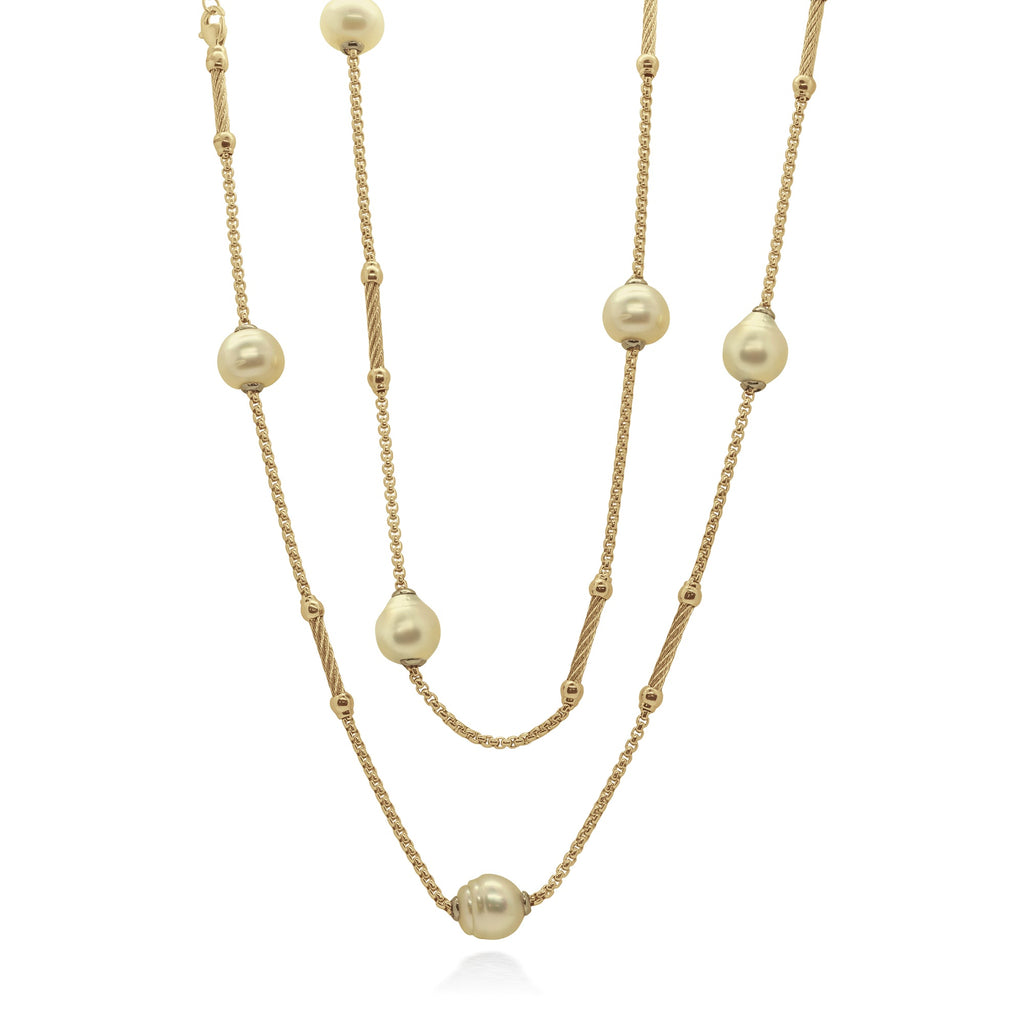 Yellow stainless steel necklace with pearls.