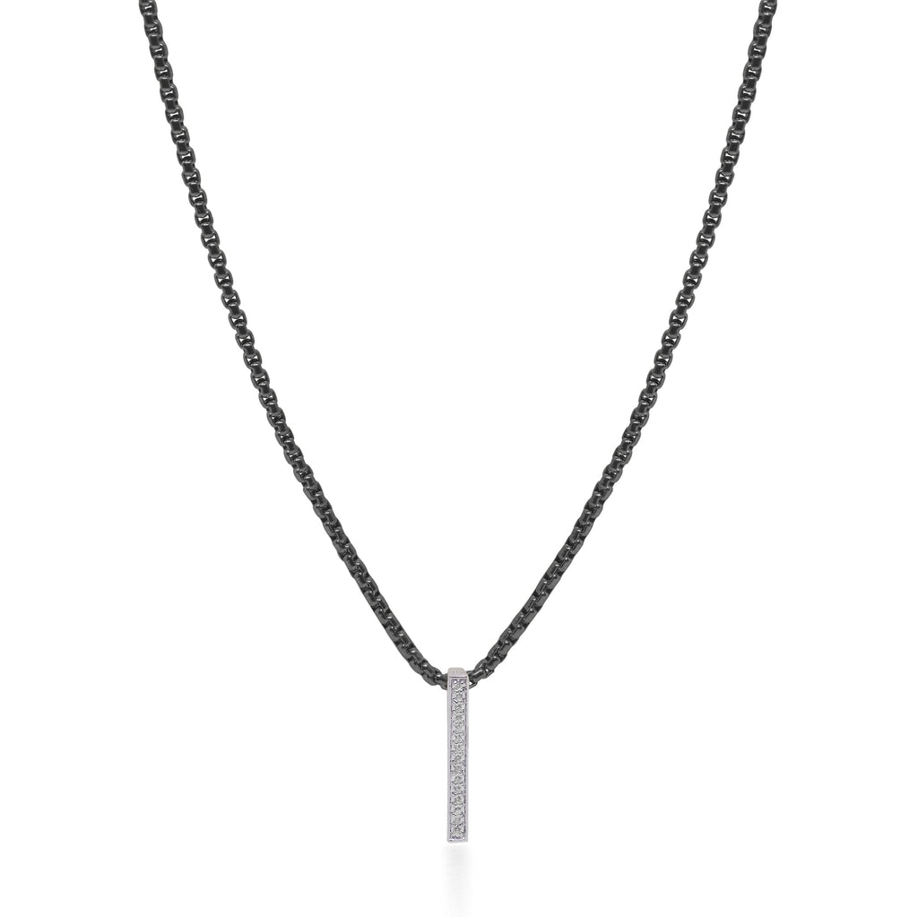 Black stainless steel necklace with diamond bar.