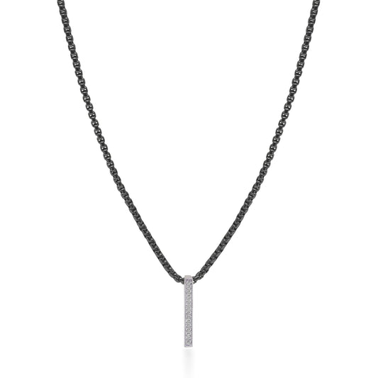 Black stainless steel necklace with diamond bar.